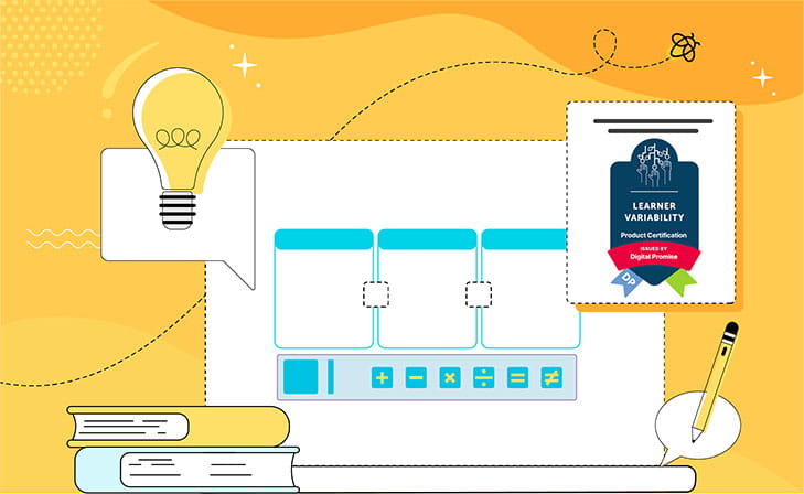 A stylized Lumio interface graphic featuring a lightbulb, books, and a Digital Promise Learner Variability certification badge.