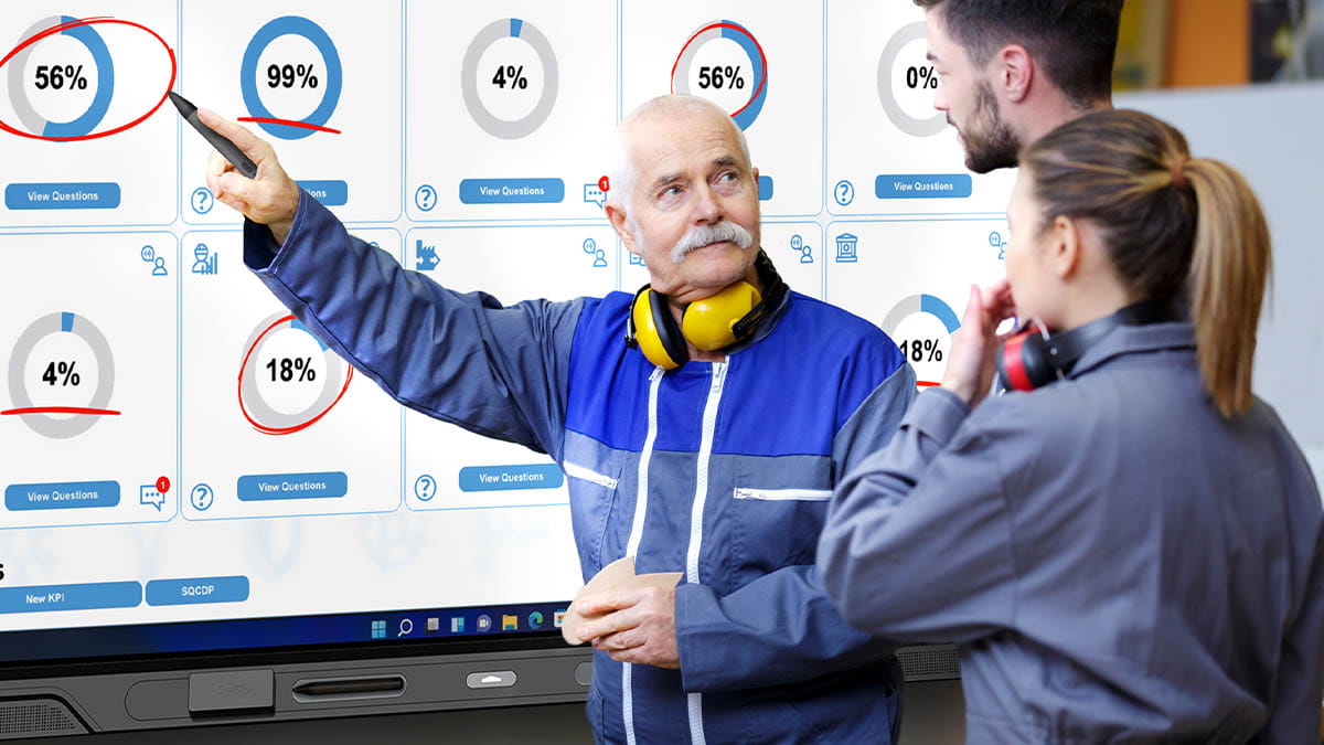 Industrial team leader pointing out production statistics on a SMART interactive display.
