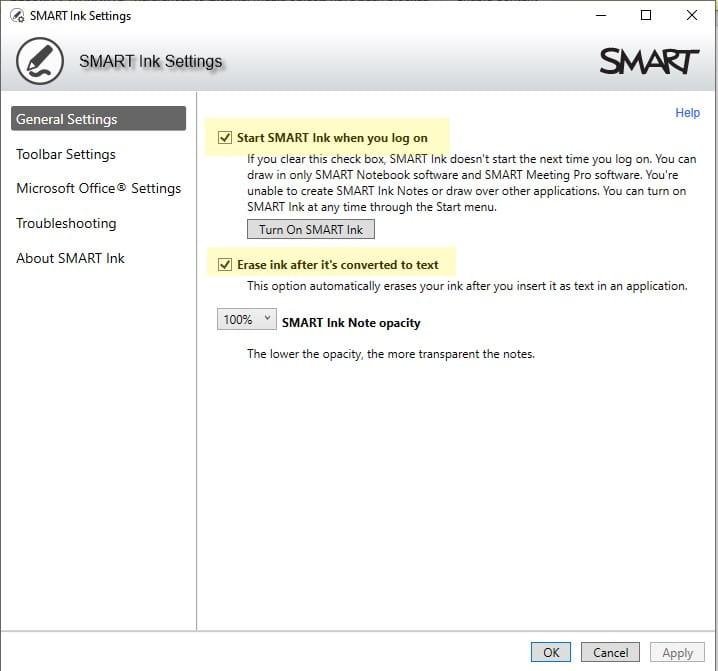 Screenshot of SMART Ink's general settings menu displaying options to start SMART Ink when logging in and erase ink after it's converted to text. The opacity of SMART Ink notes is set to 100%.