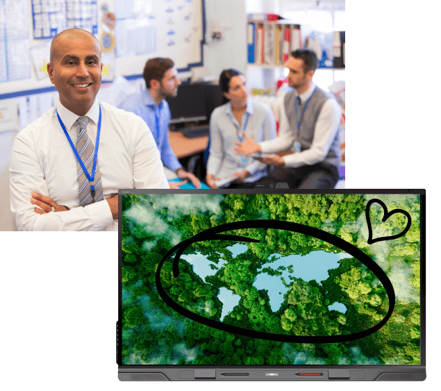 A smiling male teacher with arms crossed in a school office, and a separate image of a SMART interactive display highlighting an aerial view of a lush green area marked with a heart.