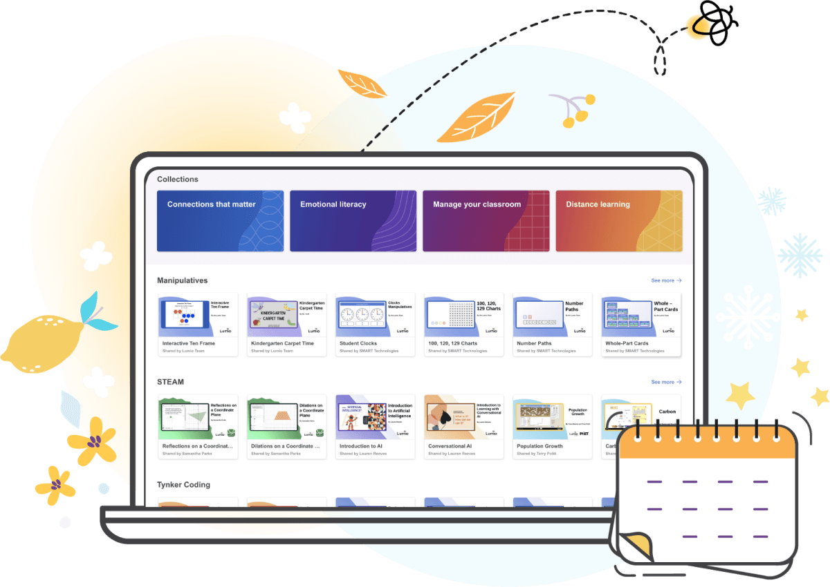 Conceptual artwork of a computer monitor displaying the colorful Lumio library interface, framed by illustrations of leaves and geometric shapes.