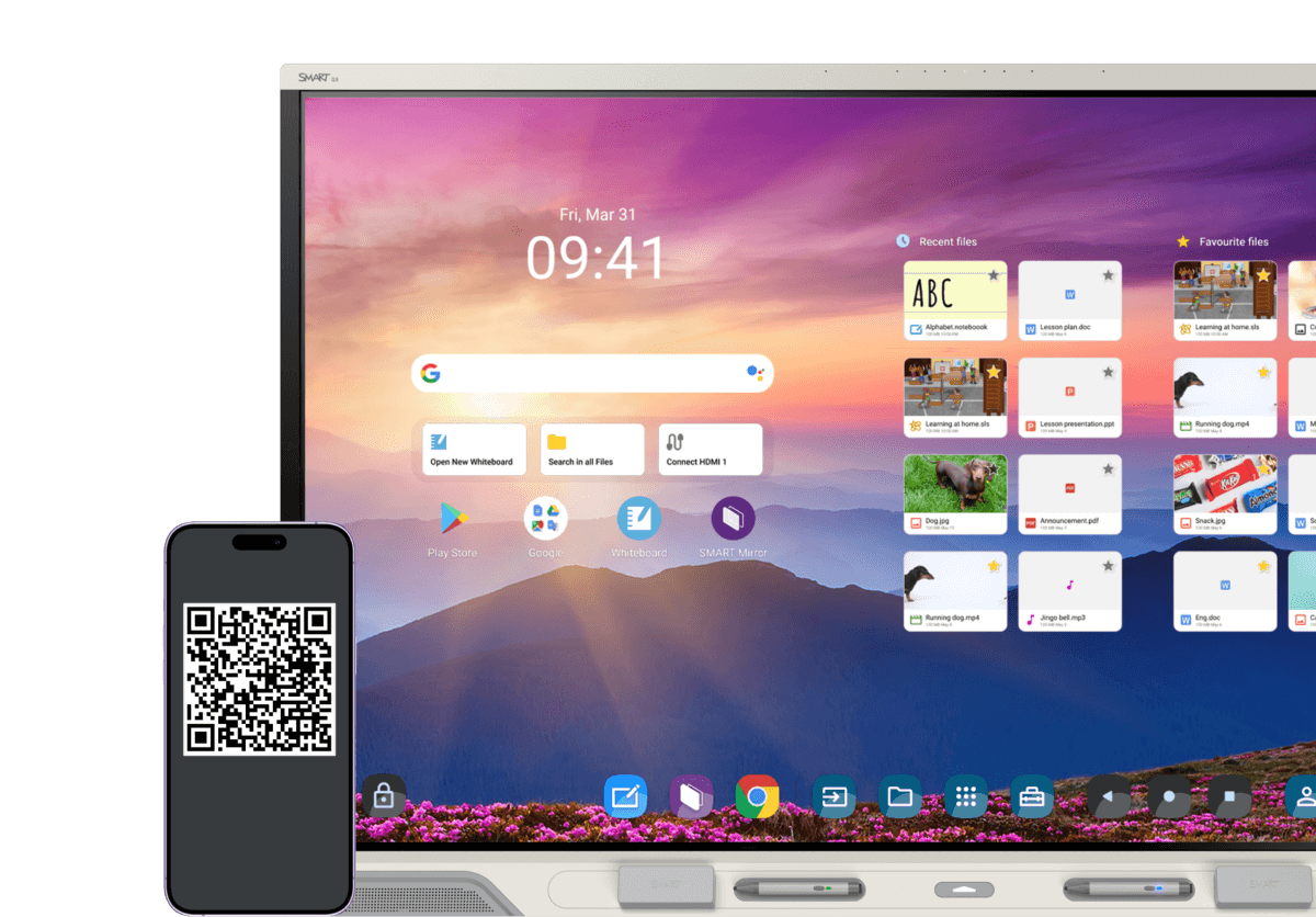 RX Series SMART Board displaying a picturesque mountain landscape on the screen with a QR code for NFC sign-in on a smartphone in the foreground.