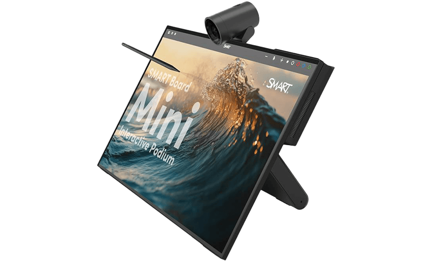 SMART Board Mini Interactive Podium with a sleek design and an ocean wave displayed on the screen.