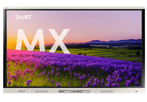 A front-facing SMART Board MX series display showing a vivid lavender field with the large white letters 