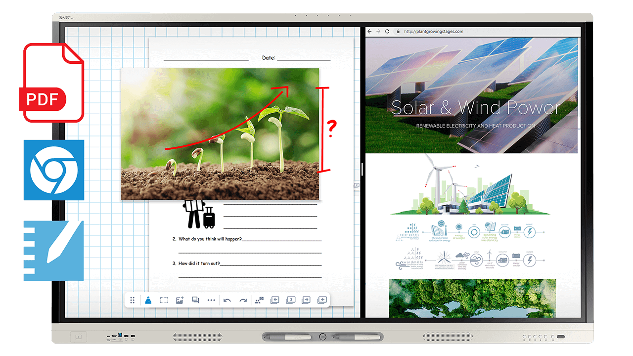 A digital SMART Board integrates real-life scientific observations with digital annotations, engaging students in the study of plant life cycles through interactive media.