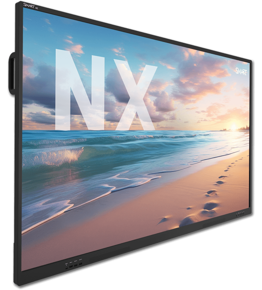 Angled left view of the SMART board NX series non-interactive display in bezel with a scenic beach sunset on the screen.