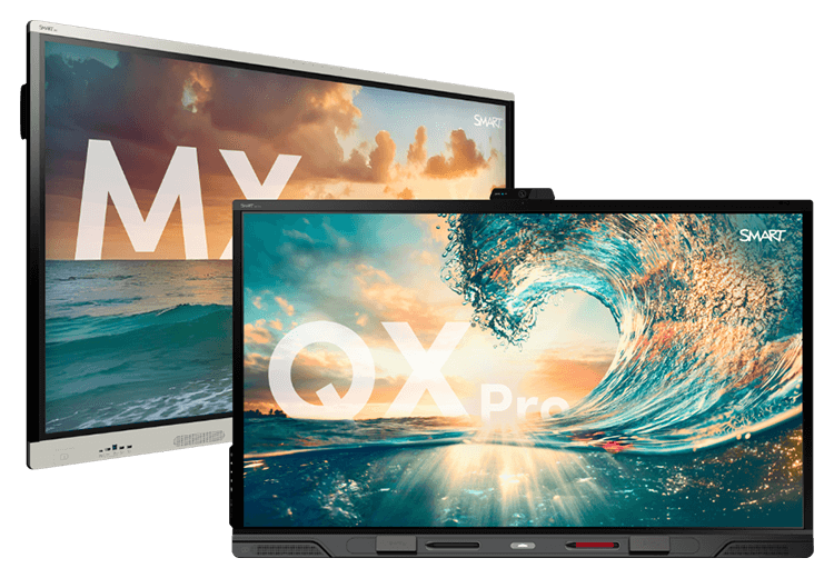 The SMART Board Pro Series displays showcasing vivid ocean wave graphics in an ultra-HD resolution.