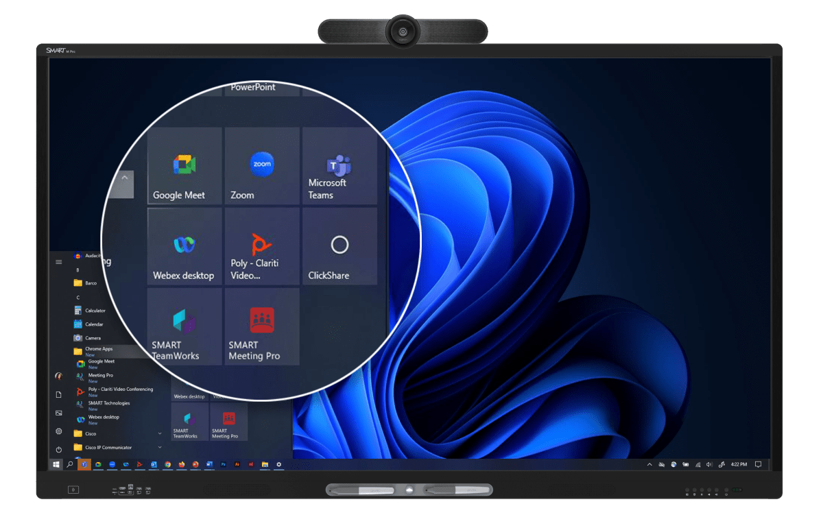 Windows platform on a SMART interactive display with quick access to tools like Teams, Zoom, and Google Meet.