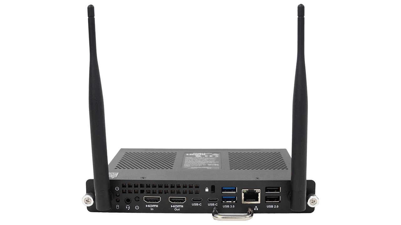 Rear view of the SMART PCM13 computing module, showing ports and dual antennas, powered by Windows.