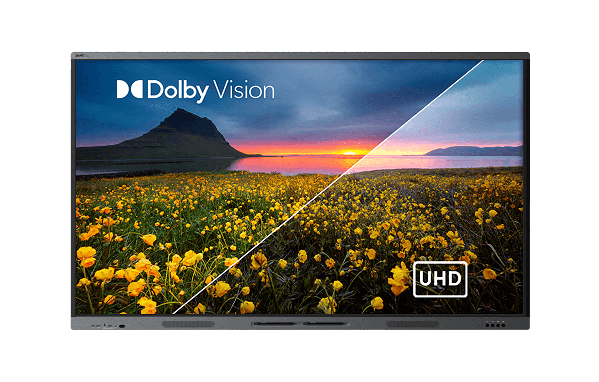 SMART Board T Pro series display showing the difference between Dolby and UHD